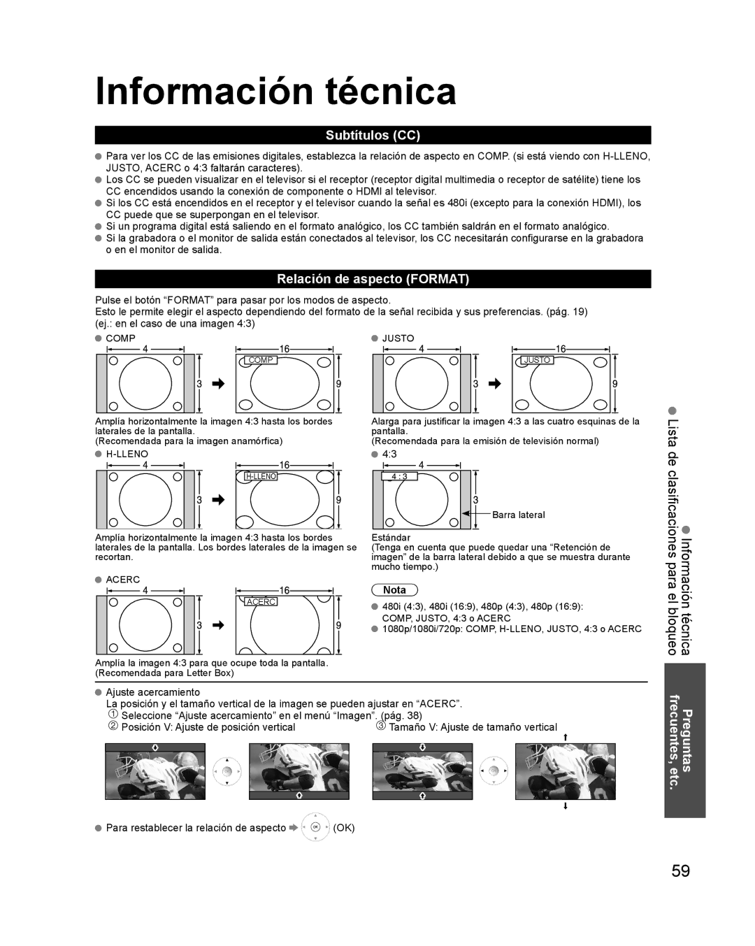 Panasonic TQB2AA0579 quick start Información técnica, Subtítulos CC, Relación de aspecto Format, Lista de clasificaciones 