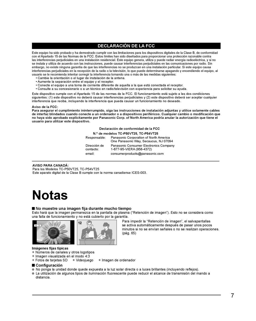 Panasonic TQB2AA0579 Notas, No muestre una imagen fija durante mucho tiempo, Configuración, Imágenes fijas típicas 