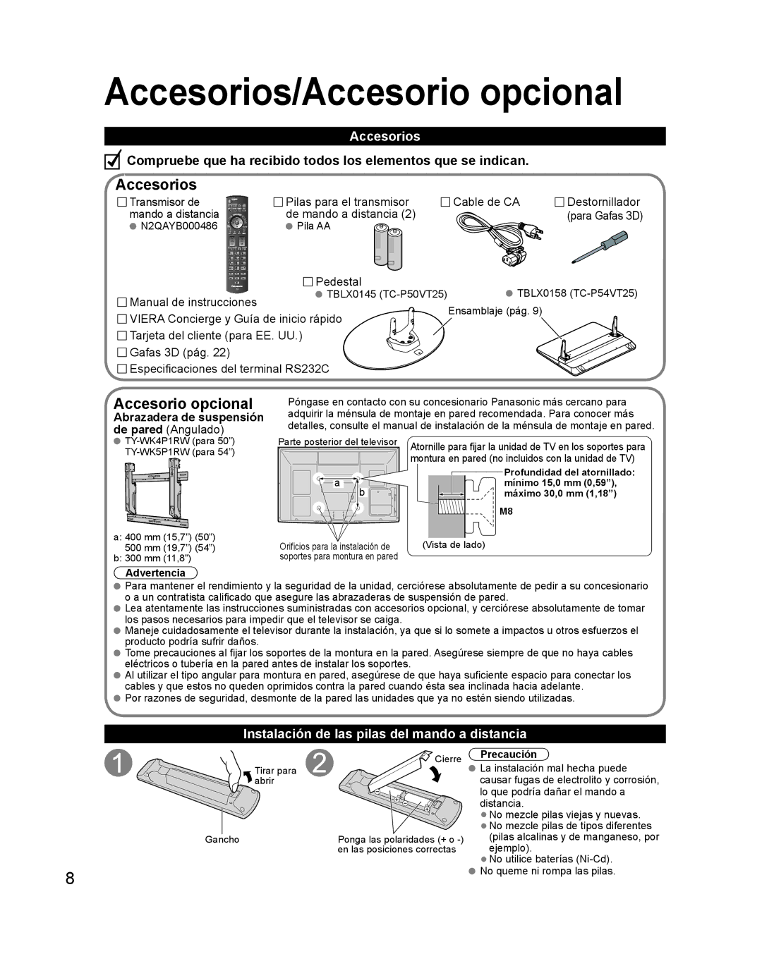 Panasonic TQB2AA0579 quick start Accesorios/Accesorio opcional, Instalación de las pilas del mando a distancia 