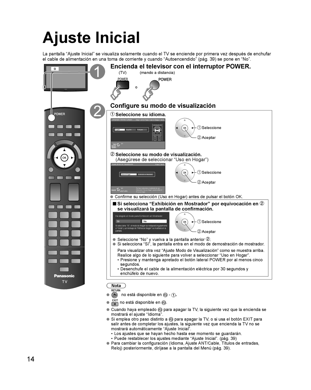 Panasonic TQB2AA0579 Ajuste Inicial, Encienda el televisor con el interruptor POWER, Configure su modo de visualización 