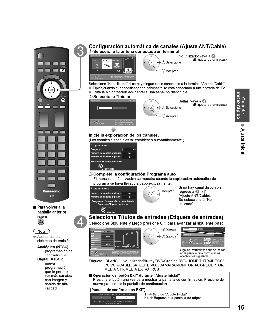 Panasonic TQB2AA0579 Configuración automática de canales Ajuste ANT/Cable, Guía de Ajuste Inicial inicio rápido, Nota 