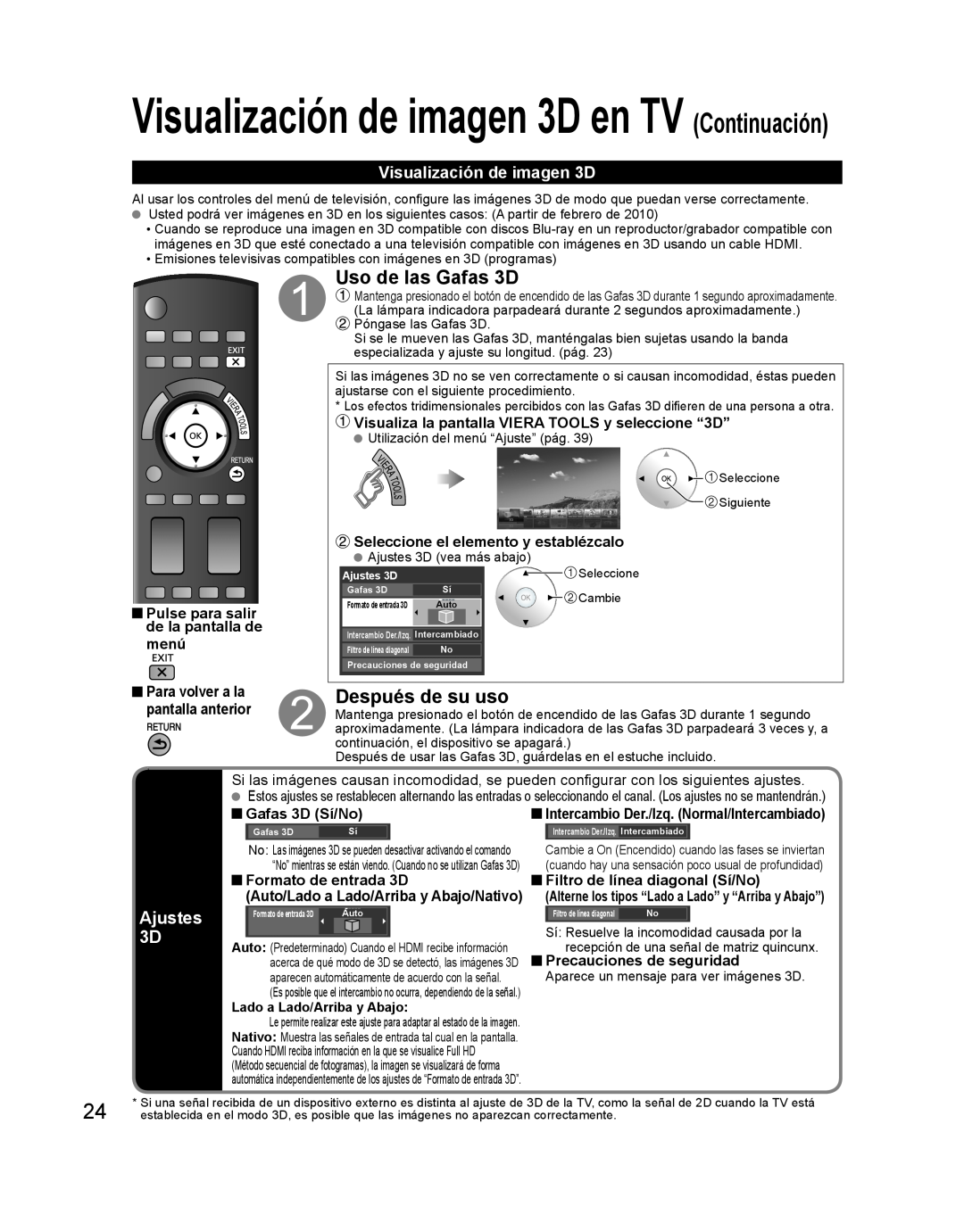Panasonic TQB2AA0579 Visualización de imagen 3D en TV Continuación, Uso de las Gafas 3D, Después de su uso, Ajustes 3D 