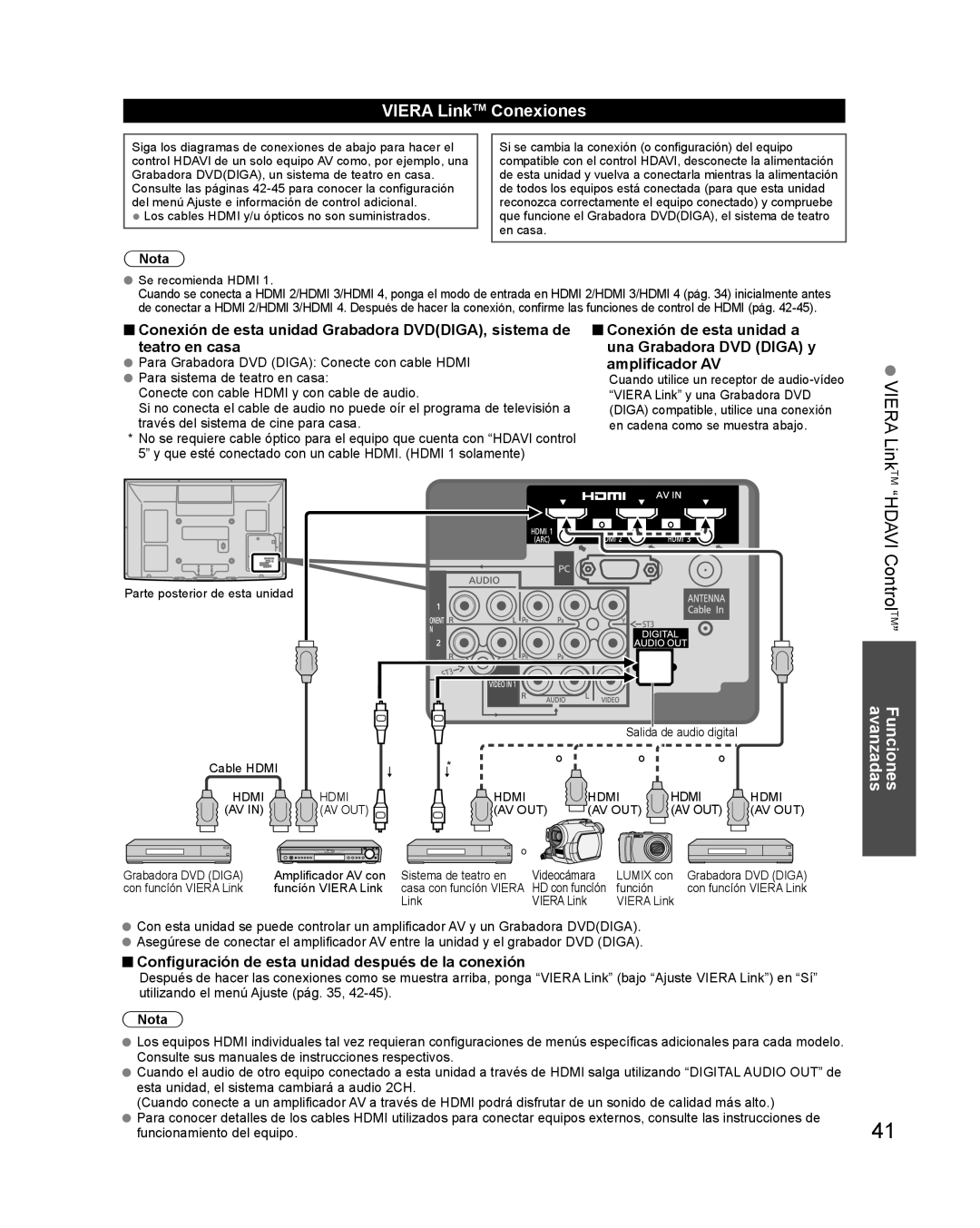 Panasonic TQB2AA0579 “HDAVI ControlTM”, VIERA LinkTM Conexiones, Configuración de esta unidad después de la conexión 