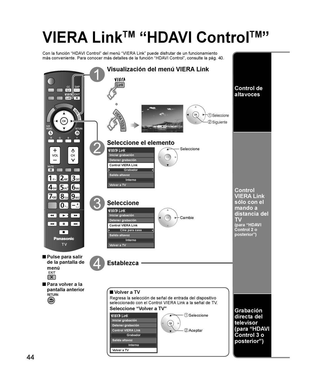Panasonic TQB2AA0579 Visualización del menú VIERA Link, Seleccione, Establezca, Control de altavoces, Volver a TV, Cambie 