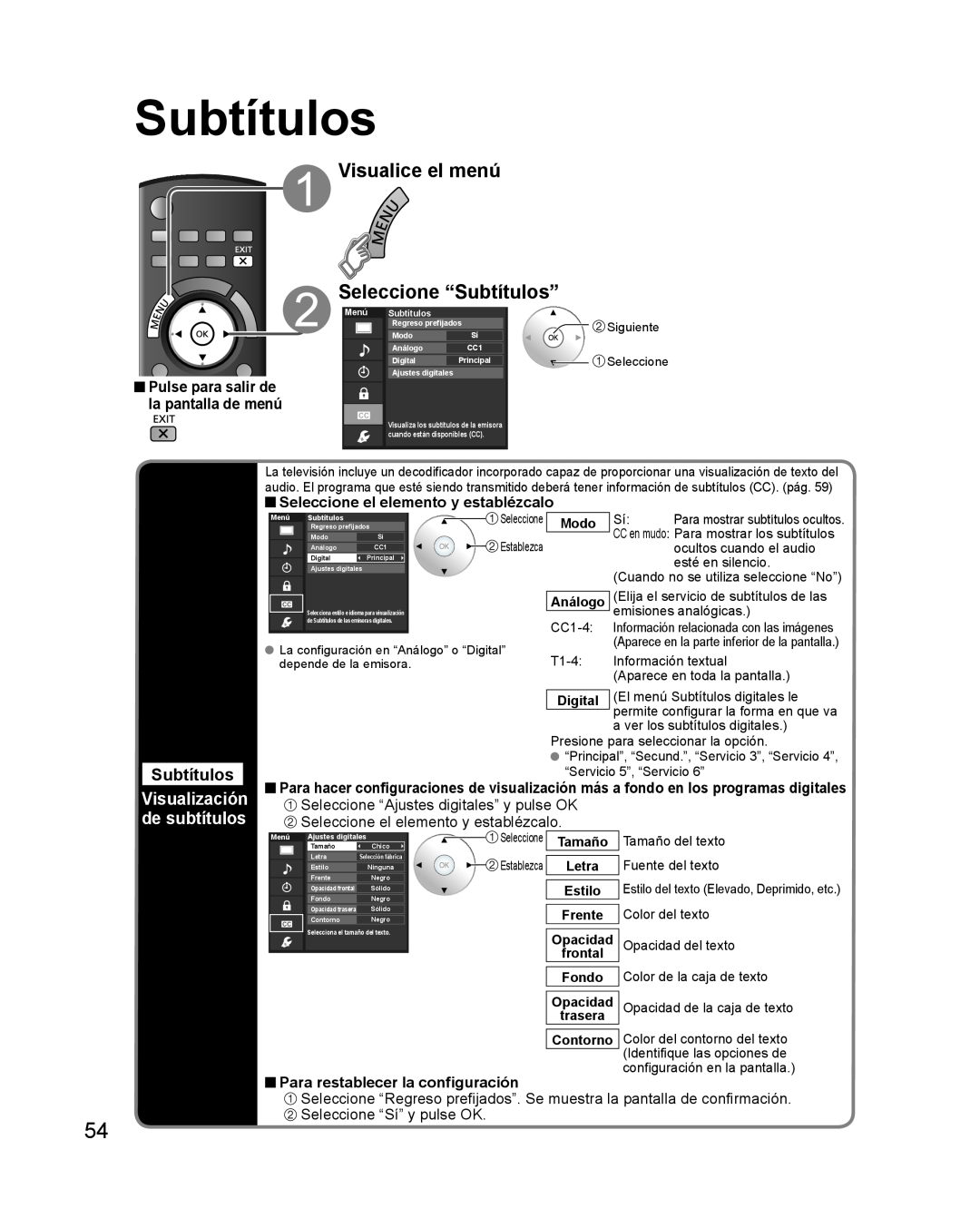 Panasonic TQB2AA0579 Visualice el menú Seleccione “Subtítulos”, Visualización de subtítulos, Modo, Digital, Contorno 