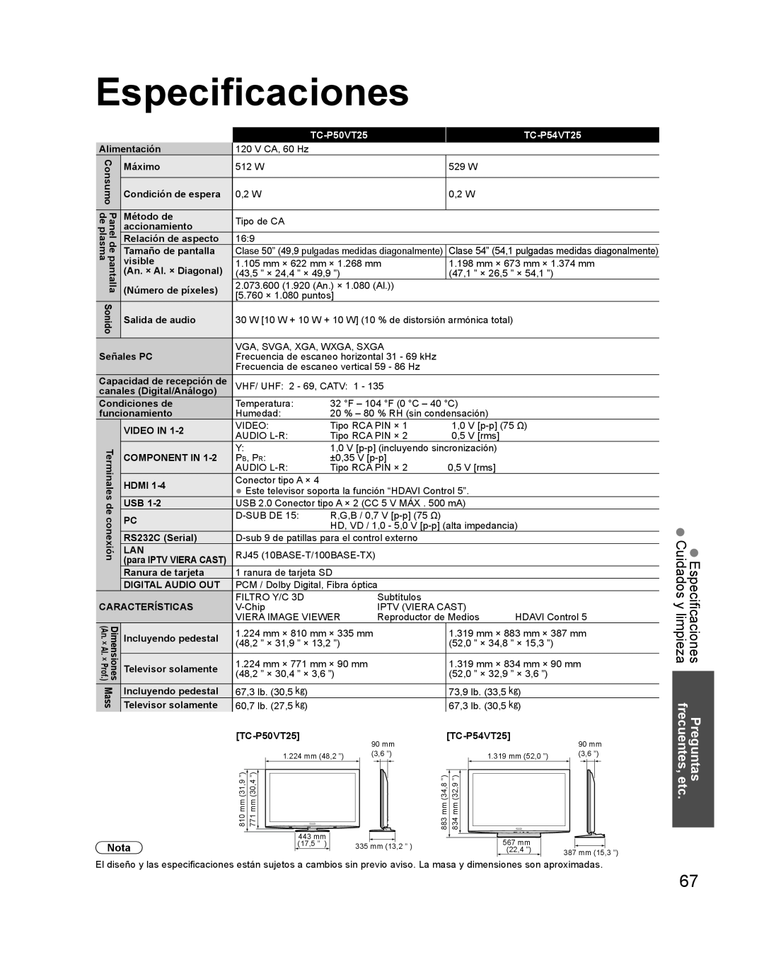 Panasonic TQB2AA0579 quick start Especificaciones, Nota, TC-P50VT25, TC-P54VT25 