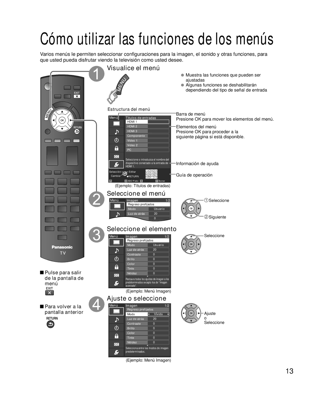 Panasonic TQB2AA0580 Visualice el menú, Seleccione el menú, Seleccione el elemento, Ajuste o seleccione 