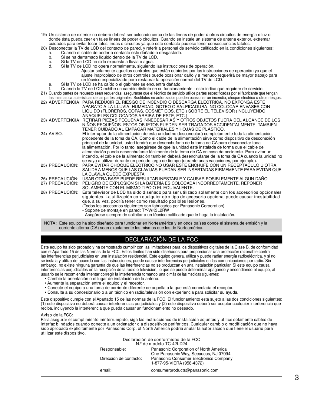 Panasonic TQB2AA0580 operating instructions Declaración DE LA FCC 