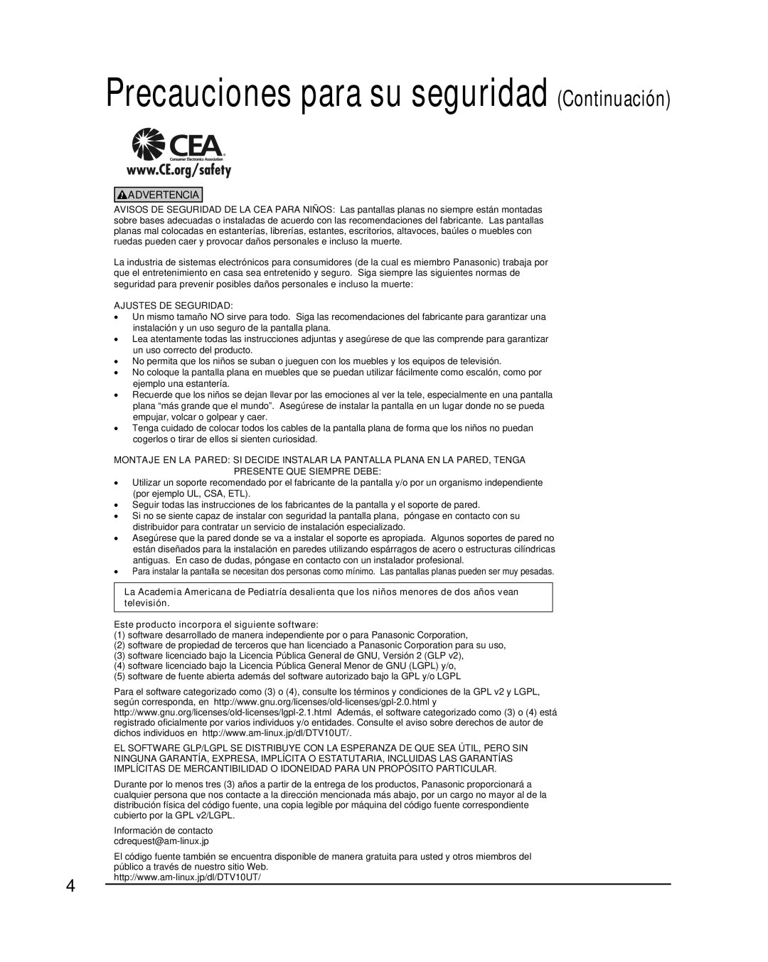 Panasonic TQB2AA0580 operating instructions Precauciones para su seguridad Continuación 