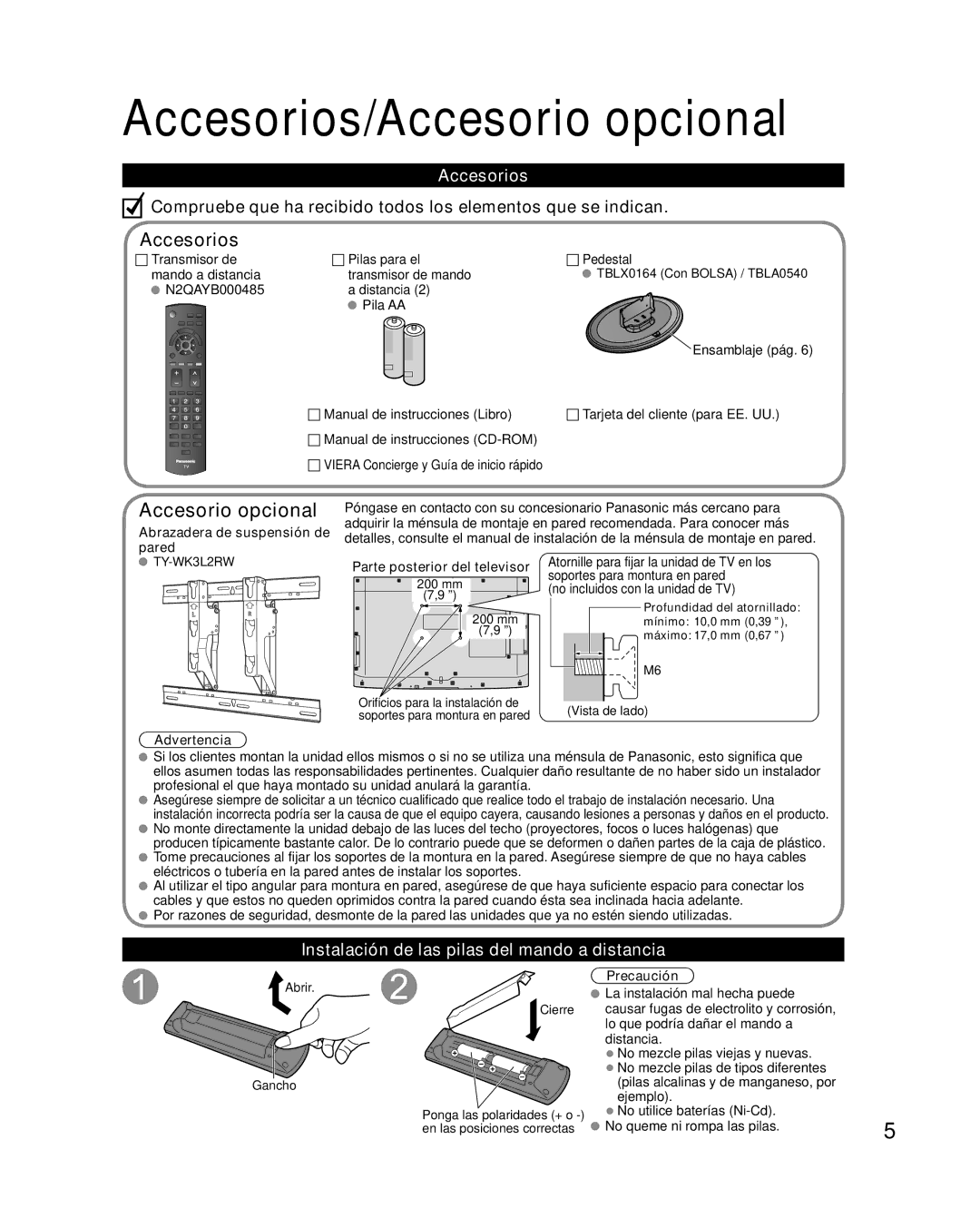 Panasonic TQB2AA0580 operating instructions Accesorios/Accesorio opcional, Instalación de las pilas del mando a distancia 