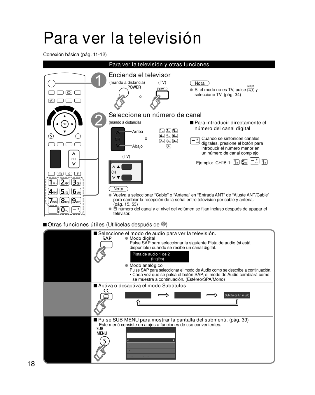 Panasonic TQB2AA0595 quick start Para ver la televisión, Encienda el televisor, Seleccione un número de canal, Subtitulos 