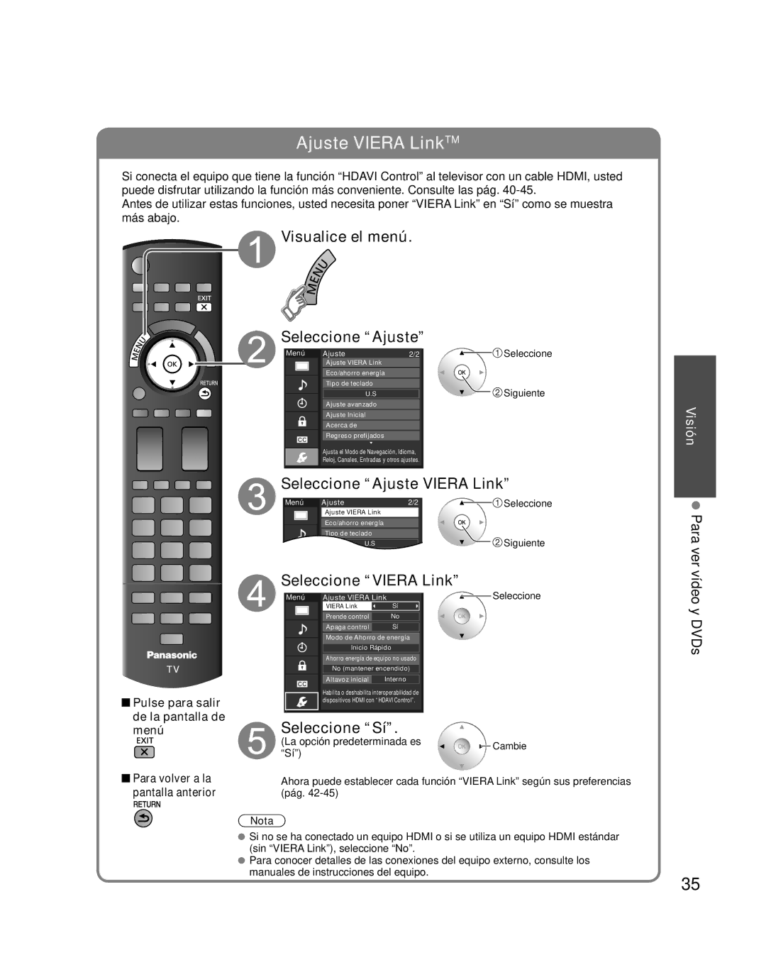 Panasonic TQB2AA0595 quick start Visualice el menú Seleccione Ajuste, Seleccione Ajuste Viera Link, Seleccione Viera Link 