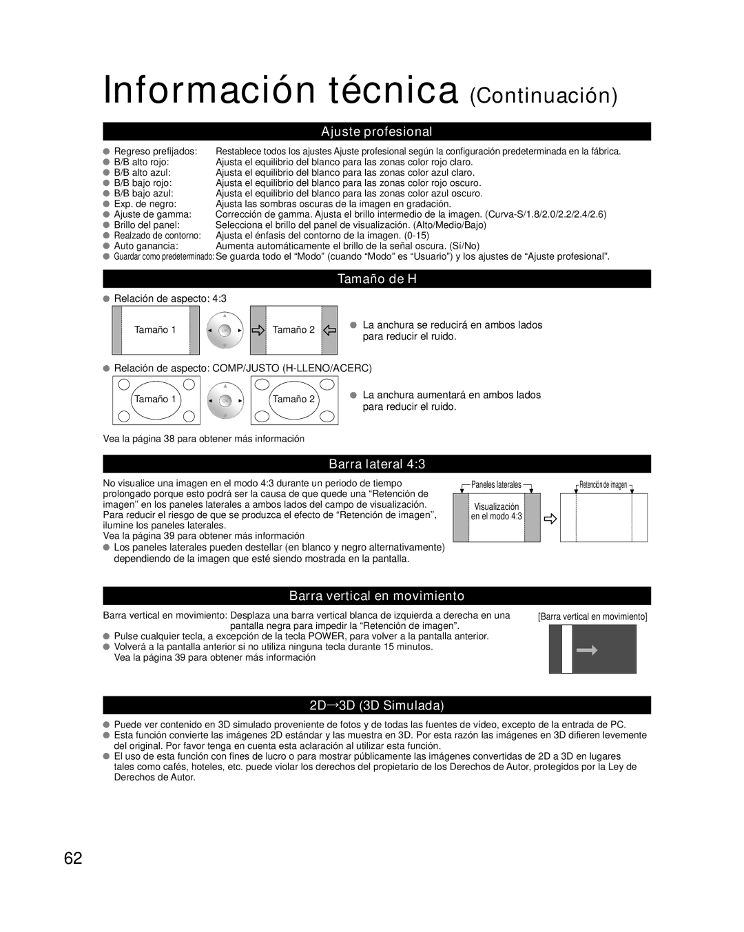 Panasonic TQB2AA0595 Ajuste profesional, Tamaño de H, Barra lateral, Barra vertical en movimiento, 2D→3D 3D Simulada 