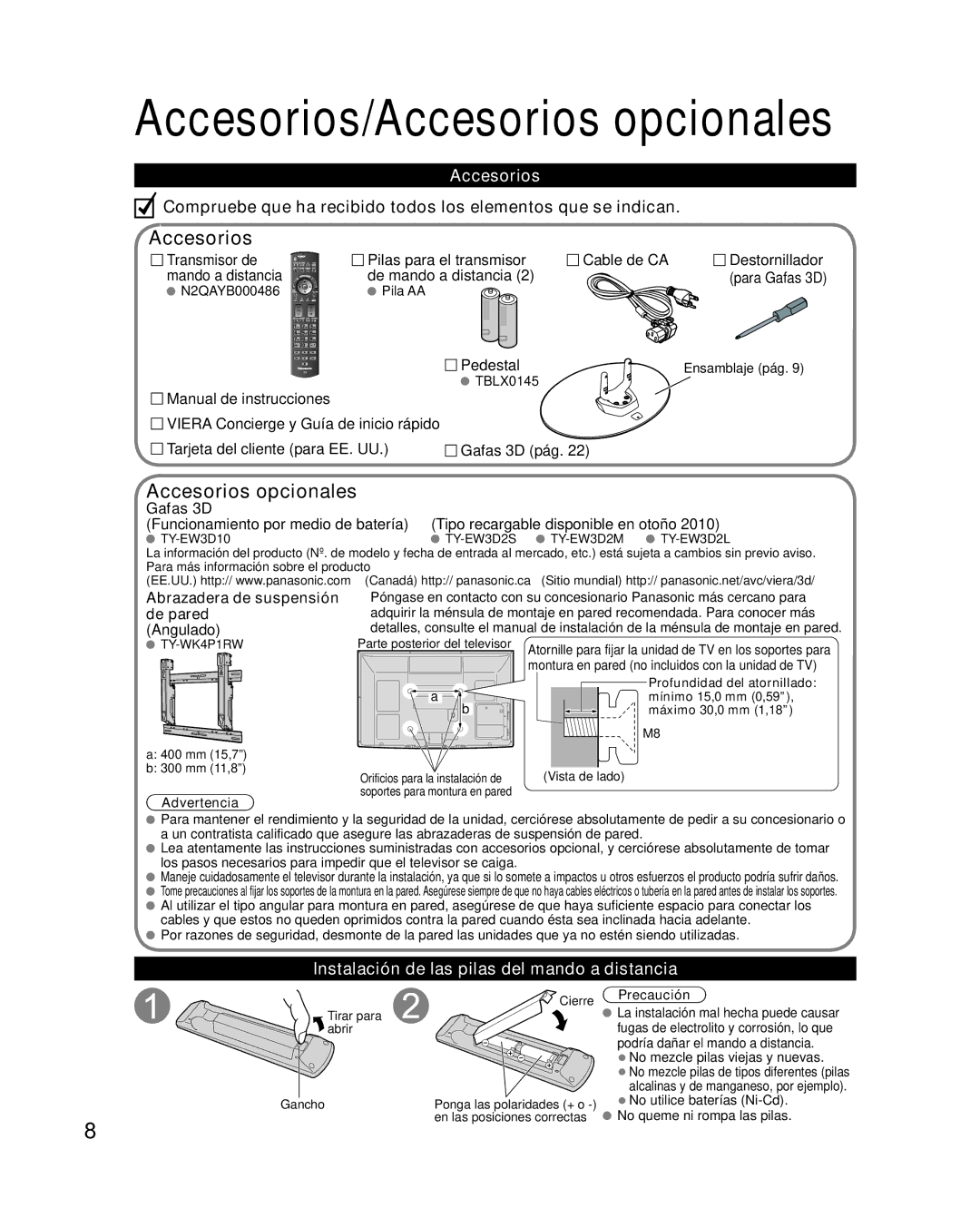 Panasonic TQB2AA0595 quick start Accesorios opcionales, Instalación de las pilas del mando a distancia 