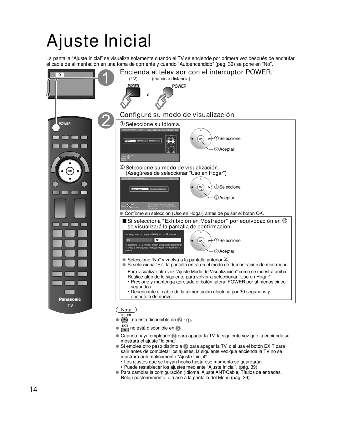 Panasonic TQB2AA0595 Ajuste Inicial, Encienda el televisor con el interruptor POWER, Configure su modo de visualización 