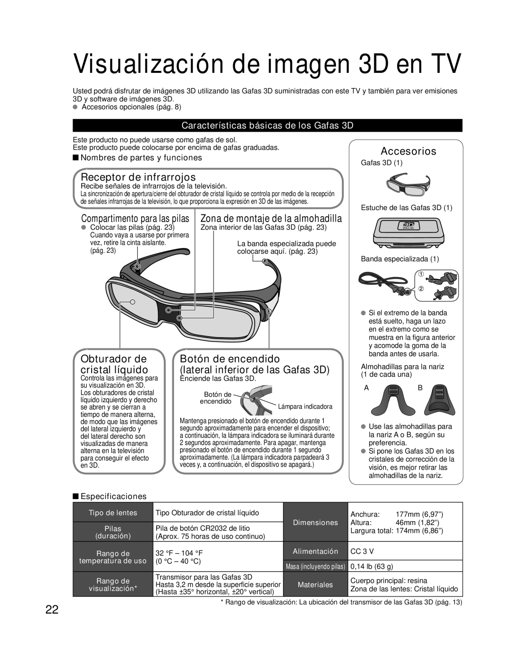 Panasonic TQB2AA0595 Receptor de infrarrojos, Obturador de cristal líquido, Características básicas de los Gafas 3D 