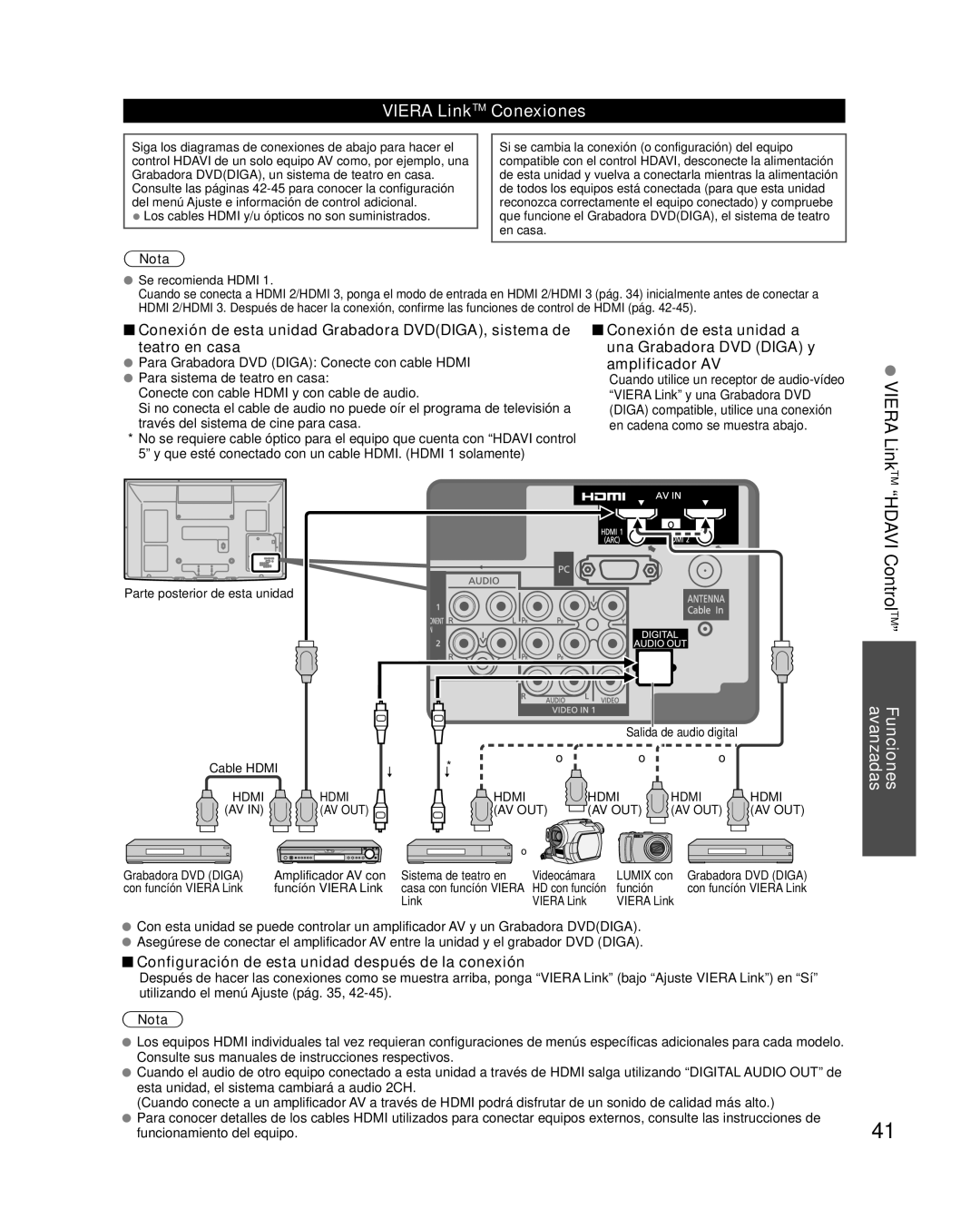 Panasonic TQB2AA0595 quick start VIERA LinkTM “HDAVI ControlTM”, VIERA LinkTM Conexiones, Funciones avanzadas, Nota 