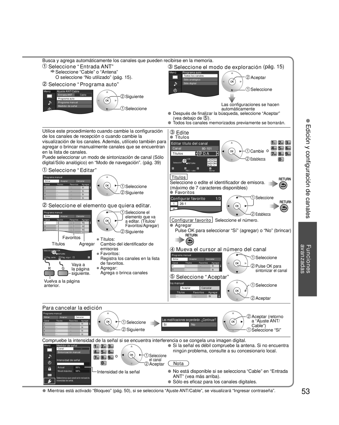 Panasonic TQB2AA0595 Seleccione “Entrada ANT”, Seleccione “Programa auto”, Seleccione el modo de exploración pág, Edite 