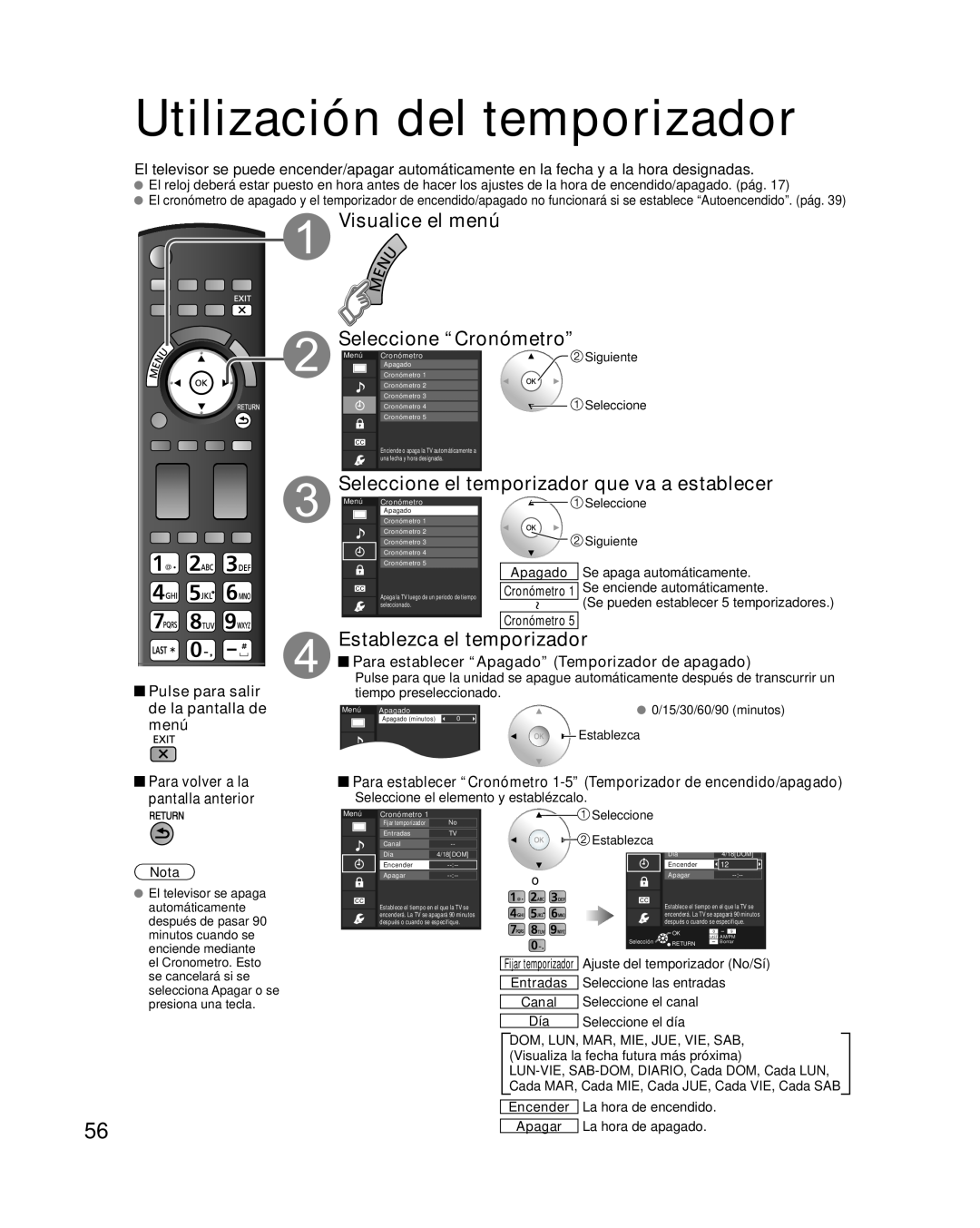 Panasonic TQB2AA0595 Utilización del temporizador, Visualice el menú Seleccione “Cronómetro”, Establezca el temporizador 