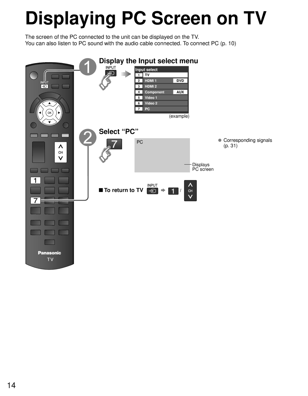 Panasonic TQB2AA0632E1 owner manual Displaying PC Screen on TV, Display the Input select menu, Select PC 