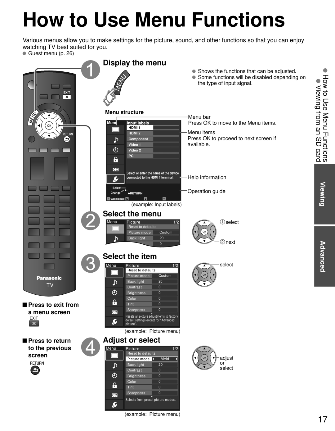 Panasonic TQB2AA0632E1 owner manual How to Use Menu Functions, Display the menu, Adjust or select, Advanced 