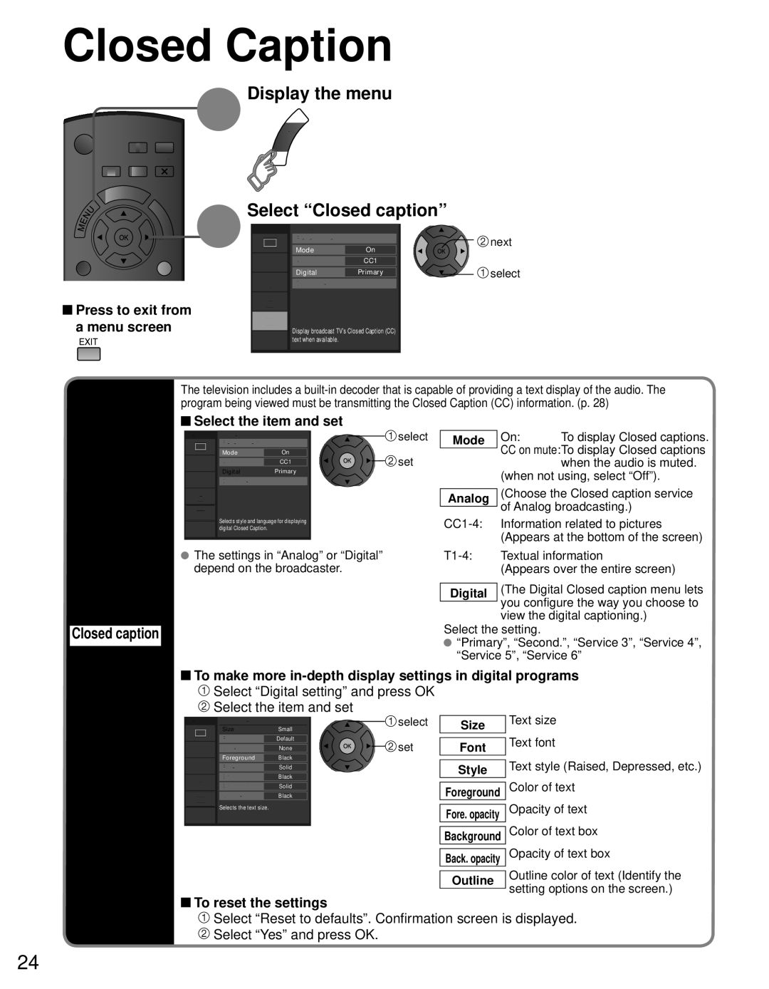 Panasonic TQB2AA0632E1 owner manual Closed Caption, Display the menu Select Closed caption, Select the item and set 