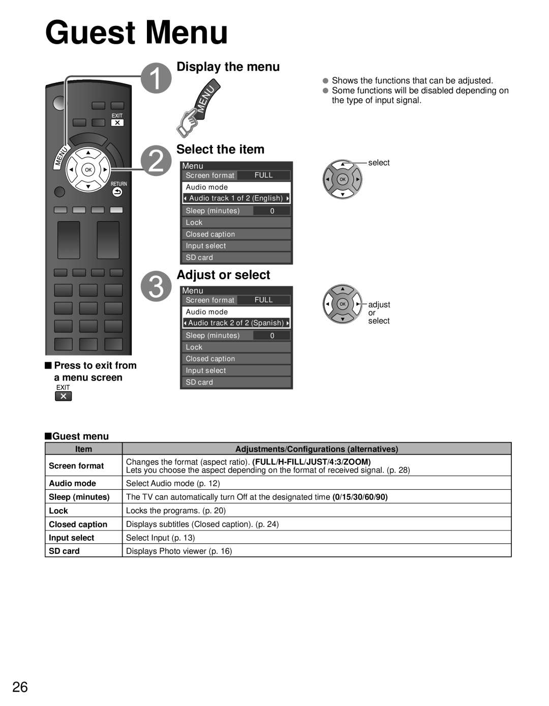 Panasonic TQB2AA0632E1 Guest Menu, Display the menu Select the item, Guest menu, Adjustments/Configurations alternatives 