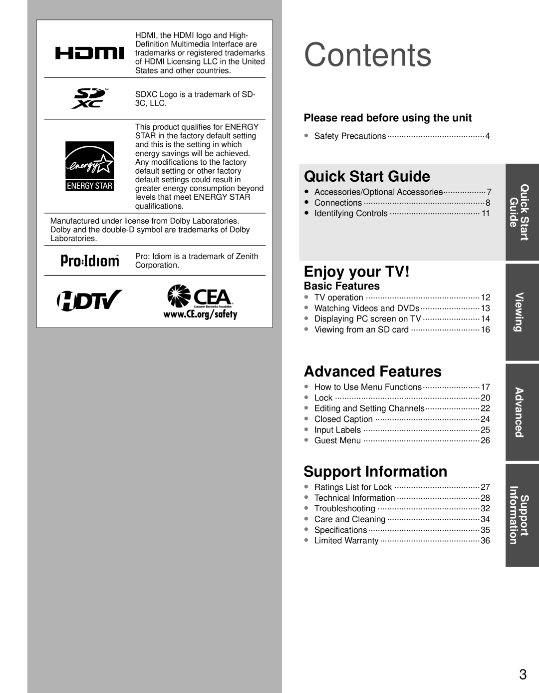 Panasonic TQB2AA0632E1 owner manual Contents 