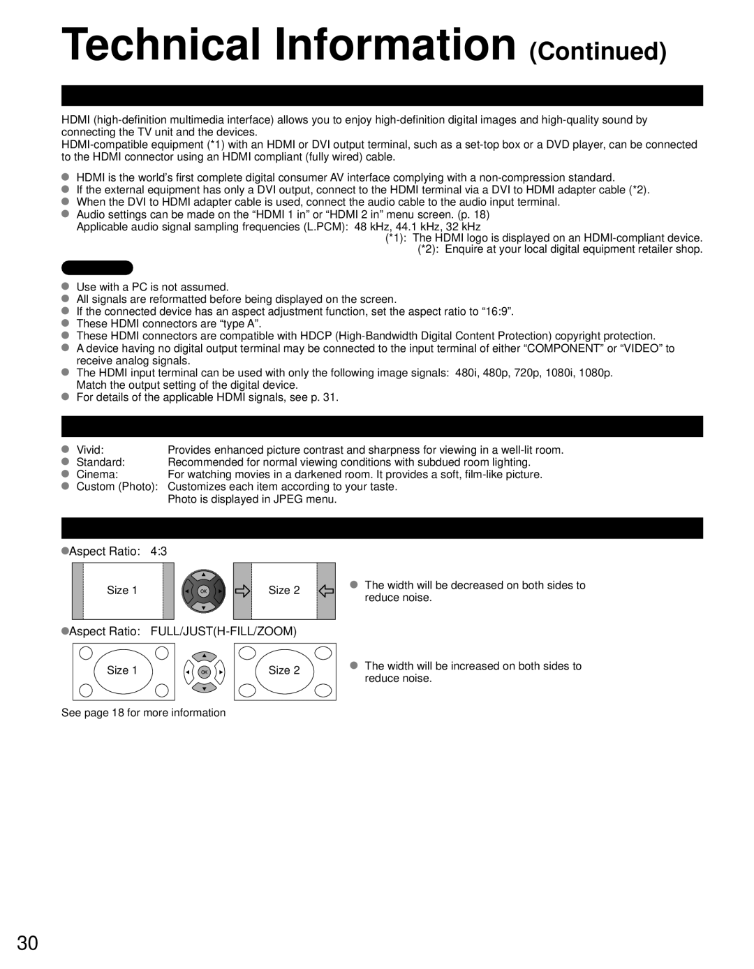 Panasonic TQB2AA0632E1 owner manual Hdmi connection, Picture mode, Size 