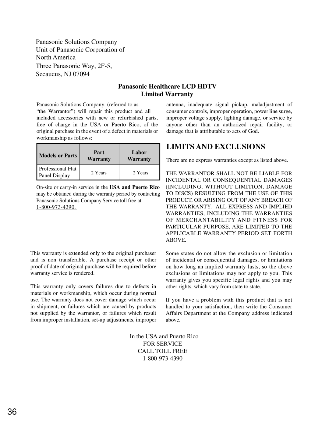 Panasonic TQB2AA0632E1 owner manual Limits and Exclusions 