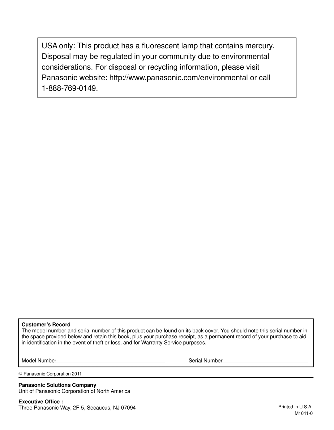 Panasonic TQB2AA0632E1 owner manual Customer’s Record, Panasonic Solutions Company, Executive Office 