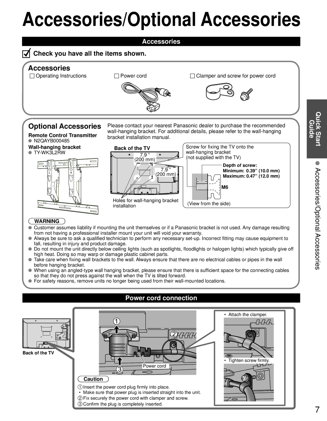 Panasonic TQB2AA0632E1 owner manual Optional Accessories, Power cord connection 