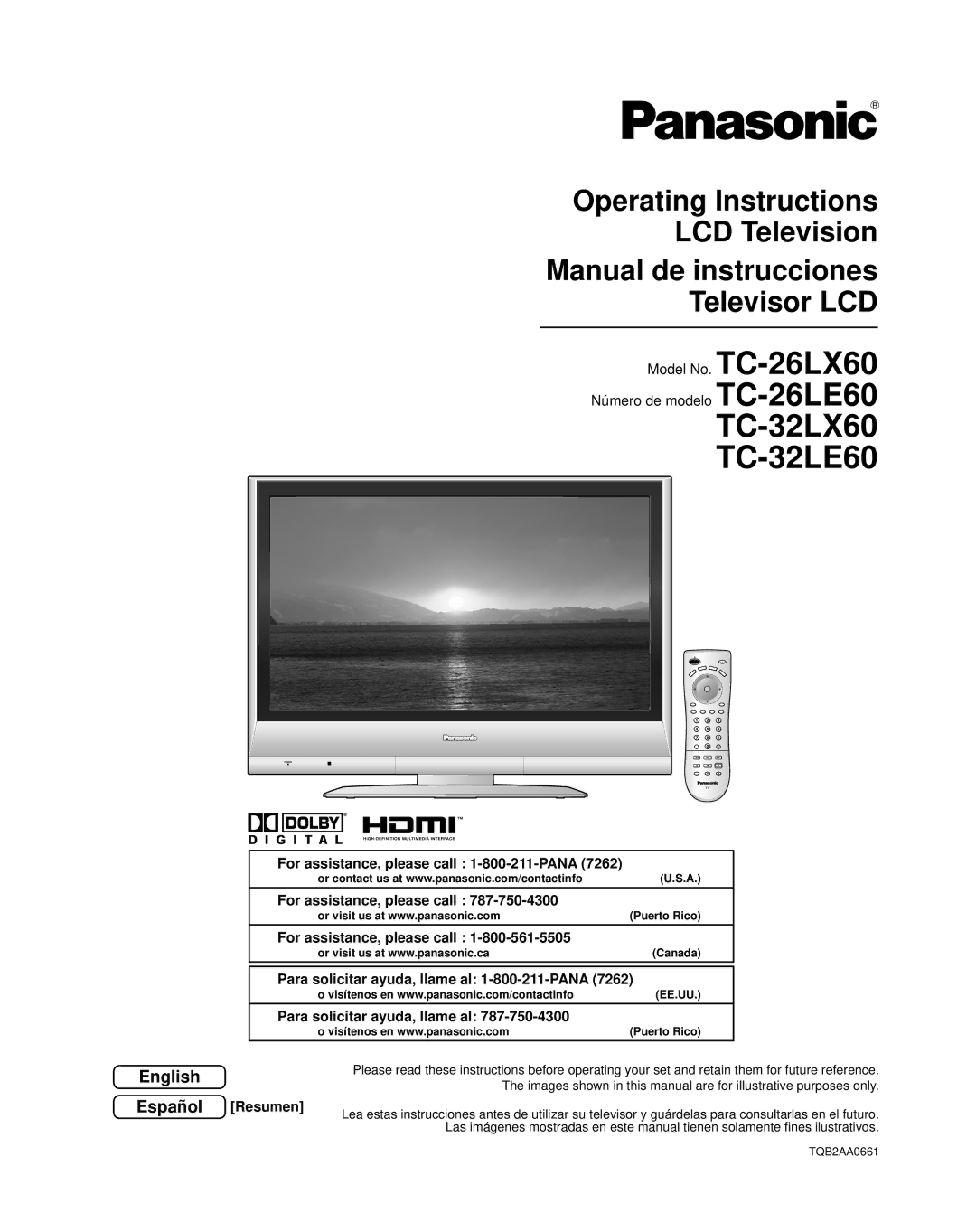 Panasonic TQB2AA0661 manual For assistance, please call 1-800-211-PANA, Para solicitar ayuda, llame al 1-800-211-PANA 