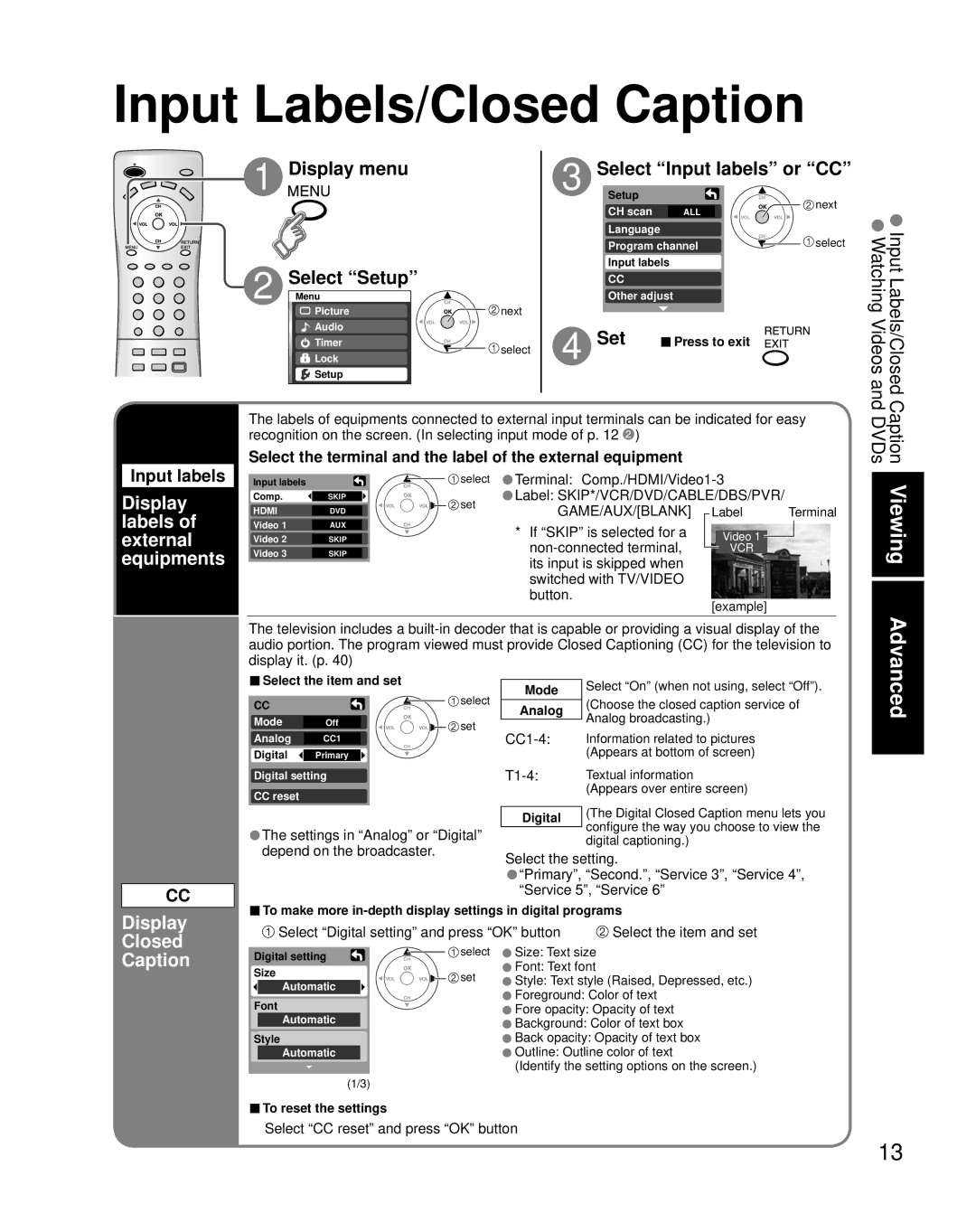 Panasonic TQB2AA0661 manual Input Labels/Closed Caption, Display menu Select Setup, Select Input labels or CC 