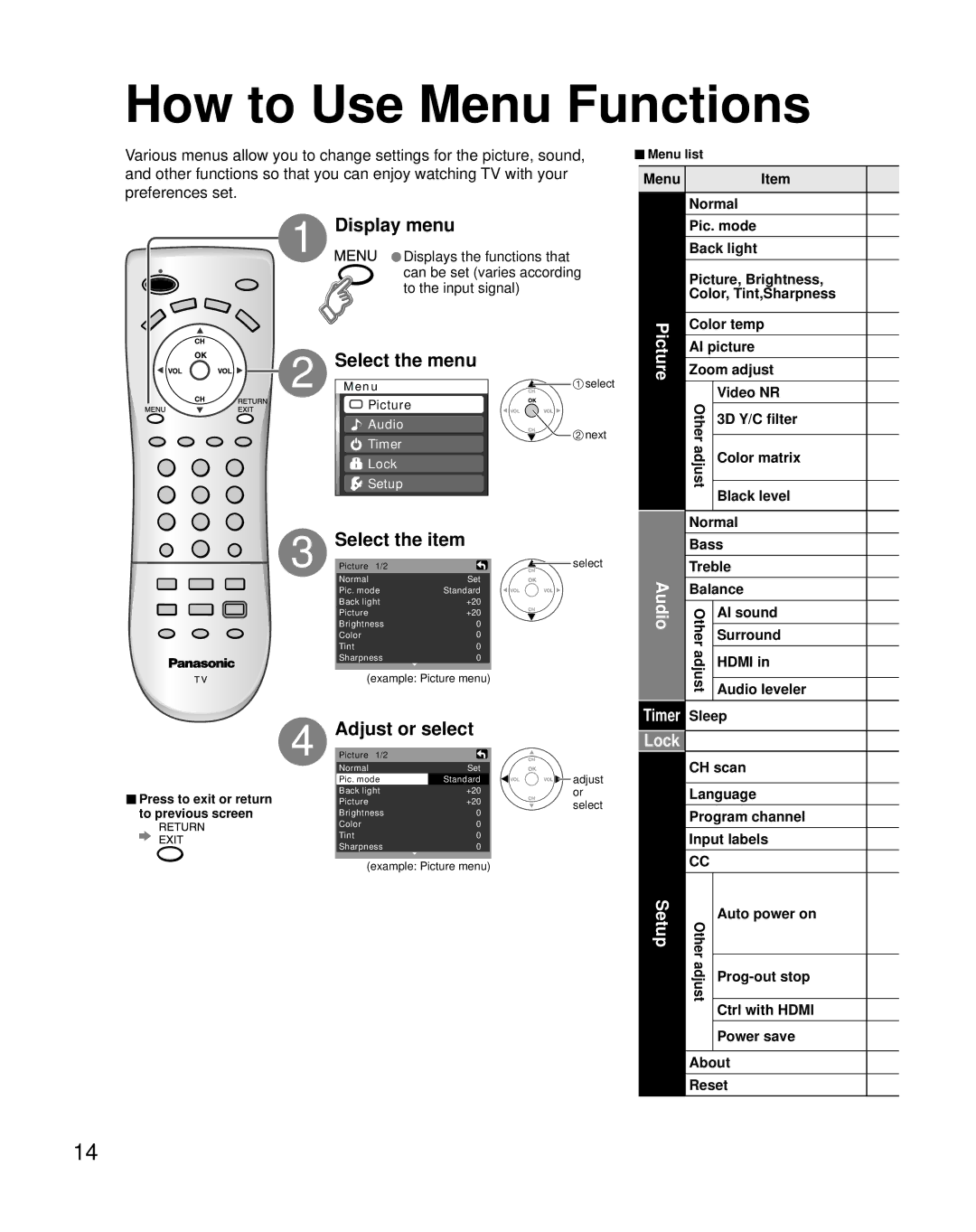 Panasonic TQB2AA0661 manual How to Use Menu Functions, Display menu, Select the item, Adjust or select 