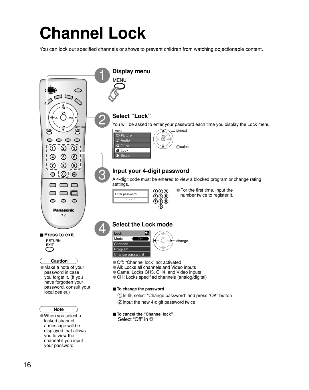 Panasonic TQB2AA0661 manual Channel Lock, Display menu Select Lock, Input your 4-digit password, Lock mode 