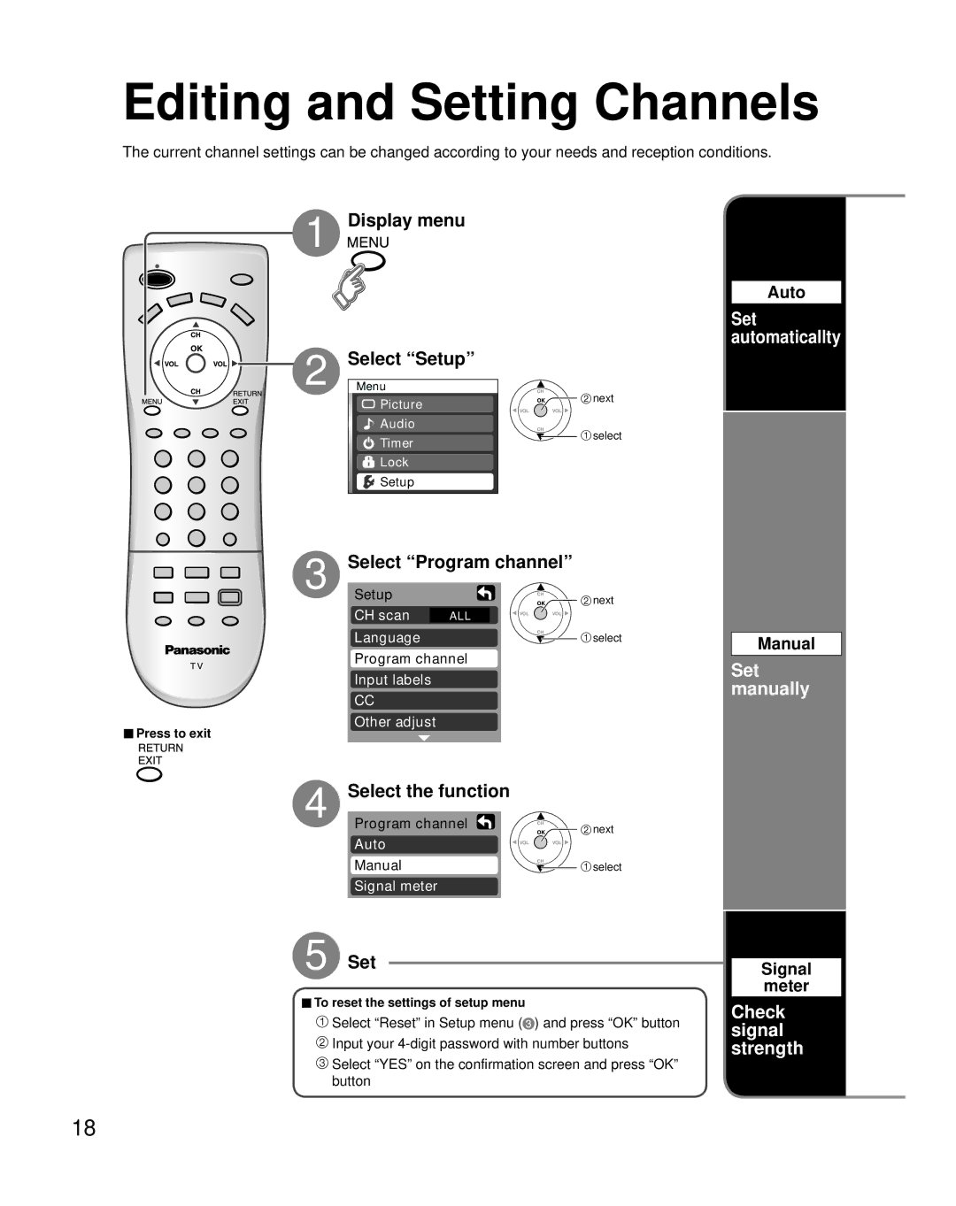 Panasonic TQB2AA0661 manual Editing and Setting Channels 