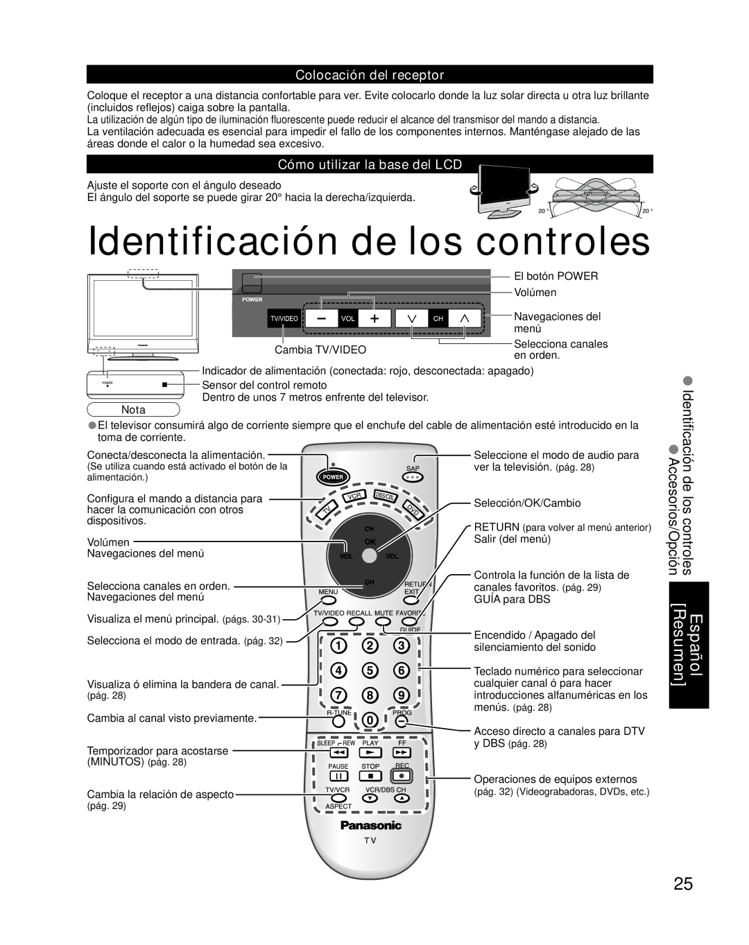 Panasonic TQB2AA0661 manual Identificación de los controles, De los controles Español Accesorios/Opción Resumen, Nota 