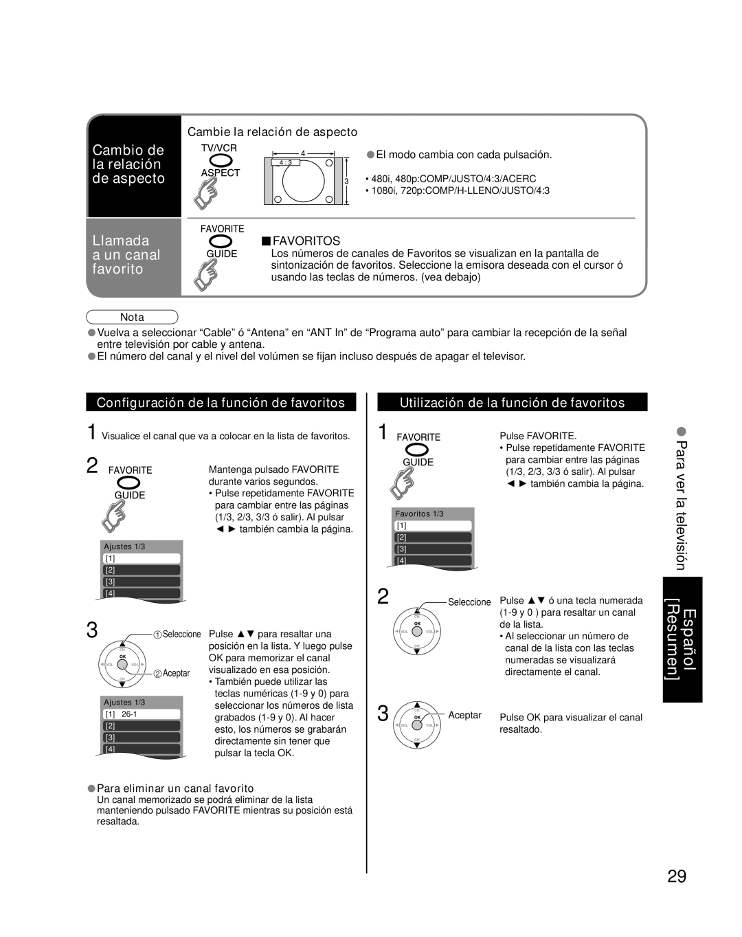 Panasonic TQB2AA0661 manual Para ver la televisión, Configuración de la función de favoritos, Español Resumen 