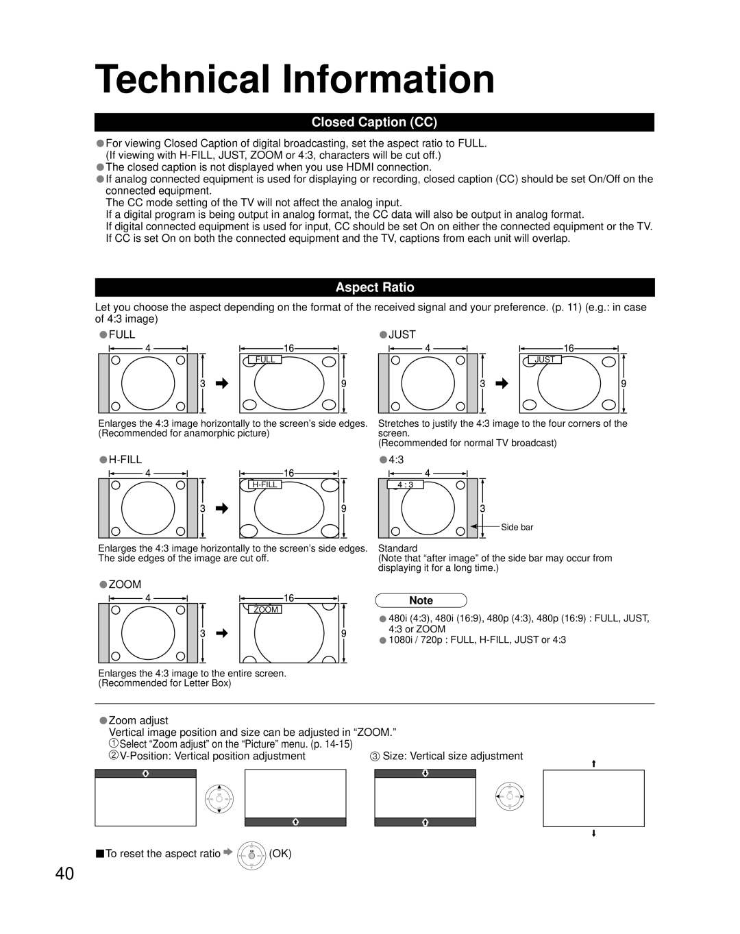 Panasonic TQB2AA0661 manual Technical Information, Closed Caption CC, Aspect Ratio 