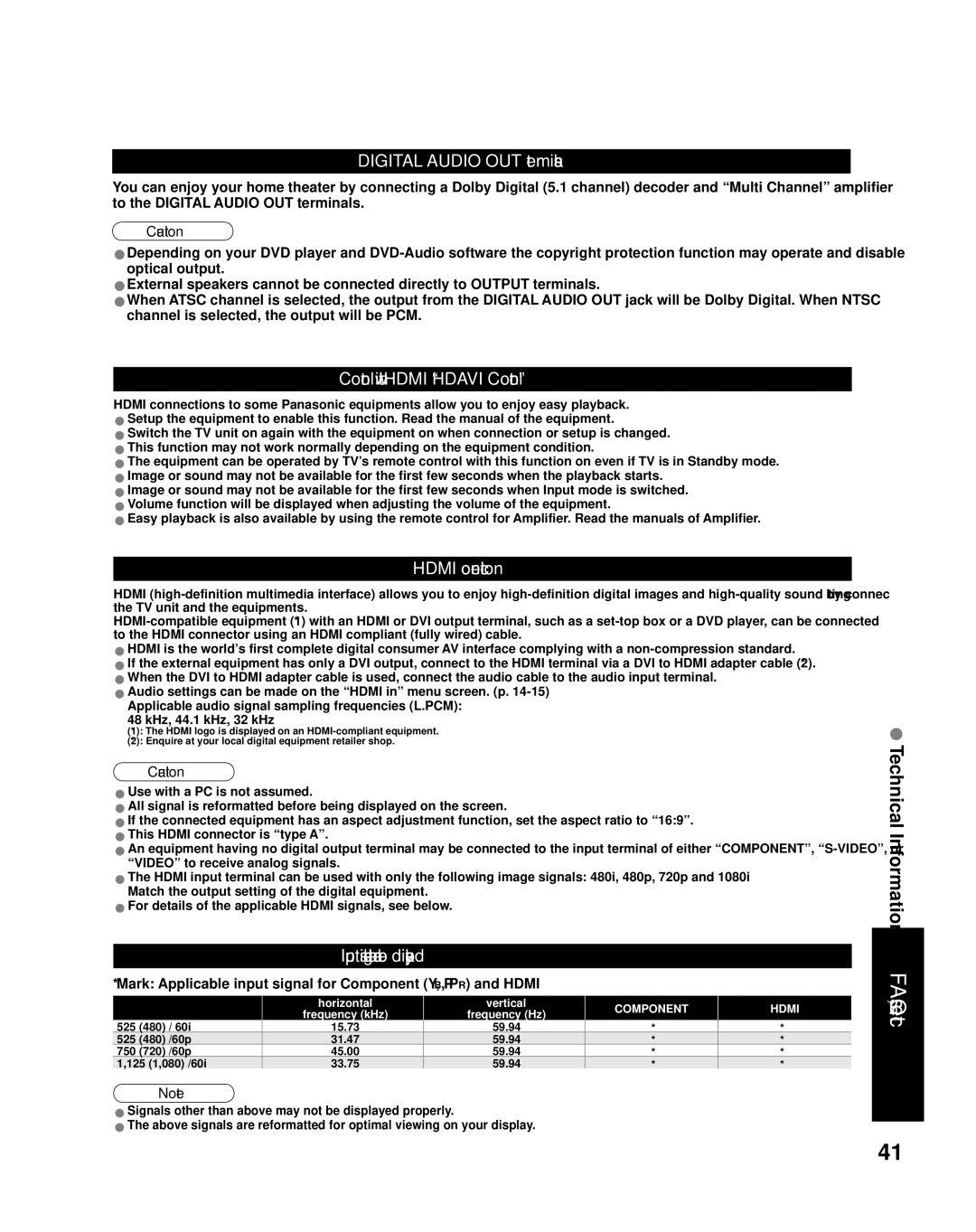 Panasonic TQB2AA0661 manual Technical Information FAQs, etc, Digital Audio OUT terminals, Control with Hdmi Hdavi Control 