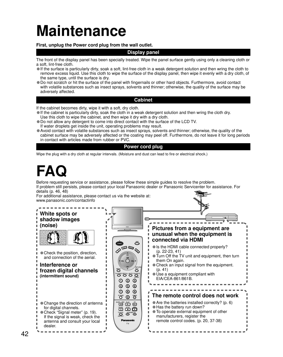 Panasonic TQB2AA0661 manual Maintenance, White spots or shadow images noise, Interference or Frozen digital channels 