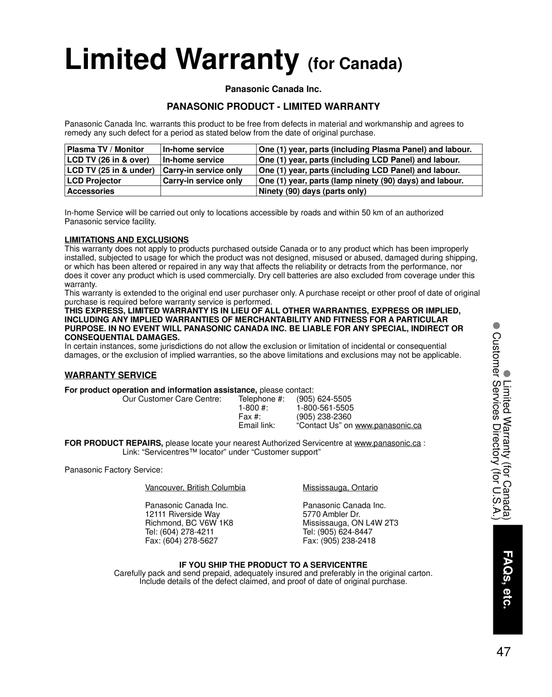 Panasonic TQB2AA0661 manual Limited Warranty for Canada, Panasonic Canada Inc 