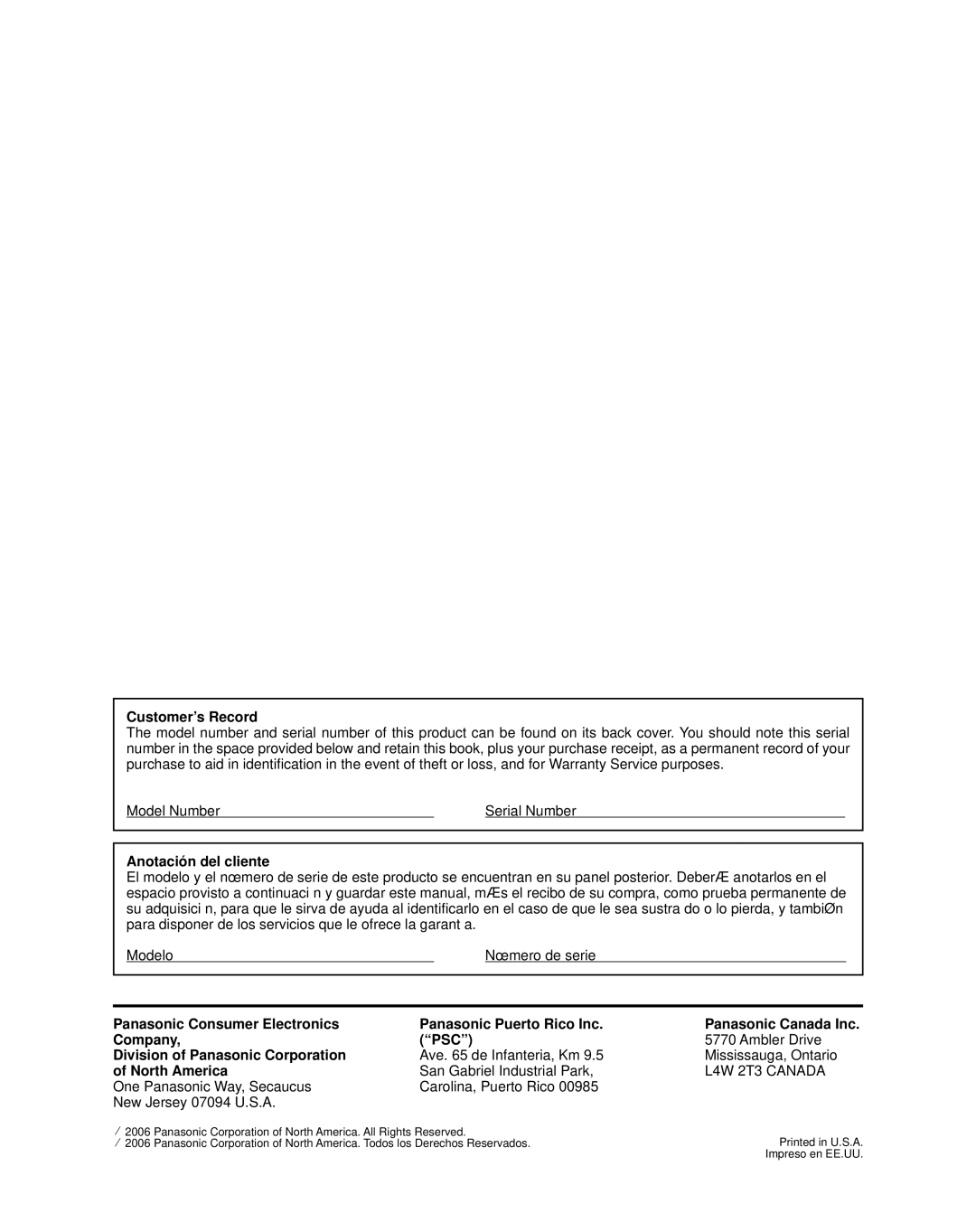 Panasonic TQB2AA0661 manual Customer’s Record, Anotación del cliente, Division of Panasonic Corporation, North America 