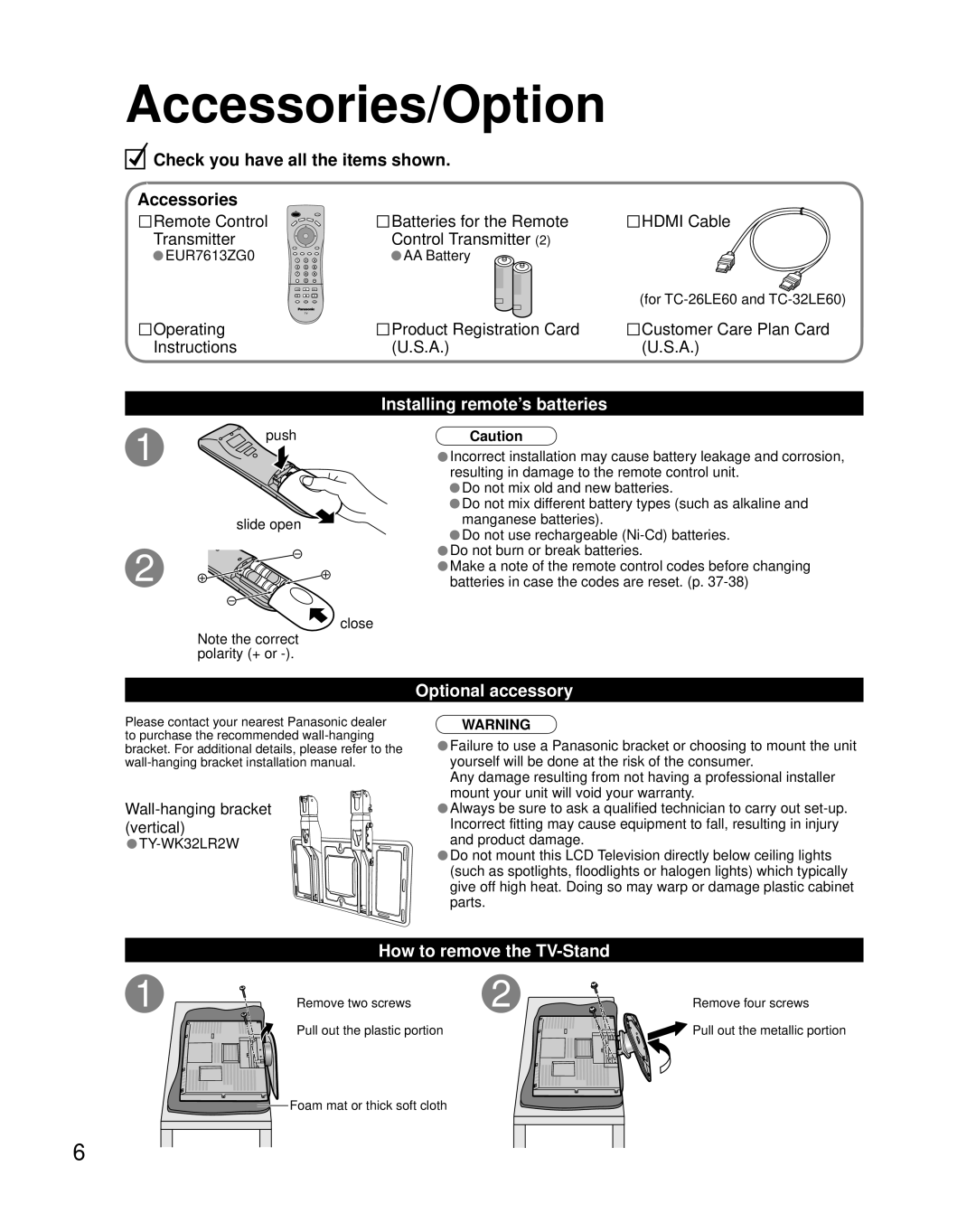 Panasonic TQB2AA0661 Accessories/Option, Installing remote’s batteries, Optional accessory, How to remove the TV-Stand 