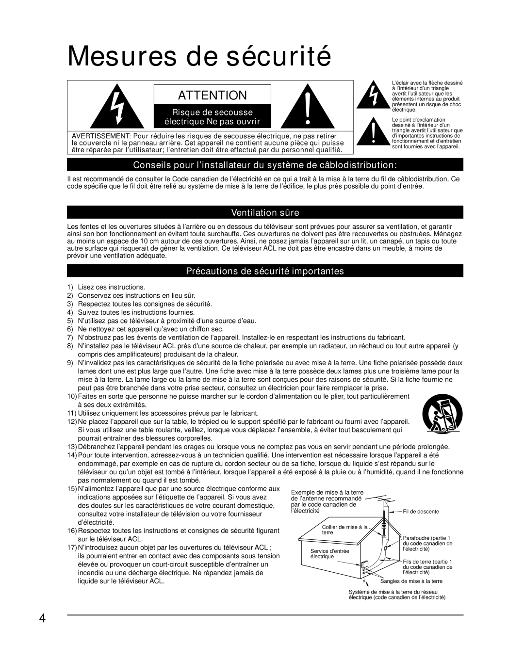 Panasonic TQB2AA0661 manual Mesures de sécurité, Ventilation sûre, Précautions de sécurité importantes 