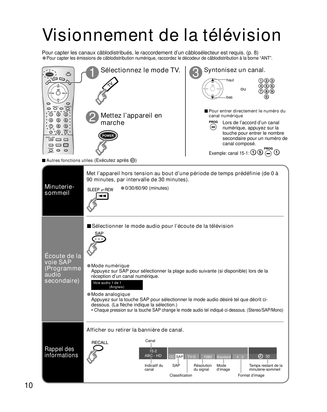 Panasonic TQB2AA0661 manual Visionnement de la télévision, Syntonisez un canal, Minuterie- sommeil, Rappel des informations 