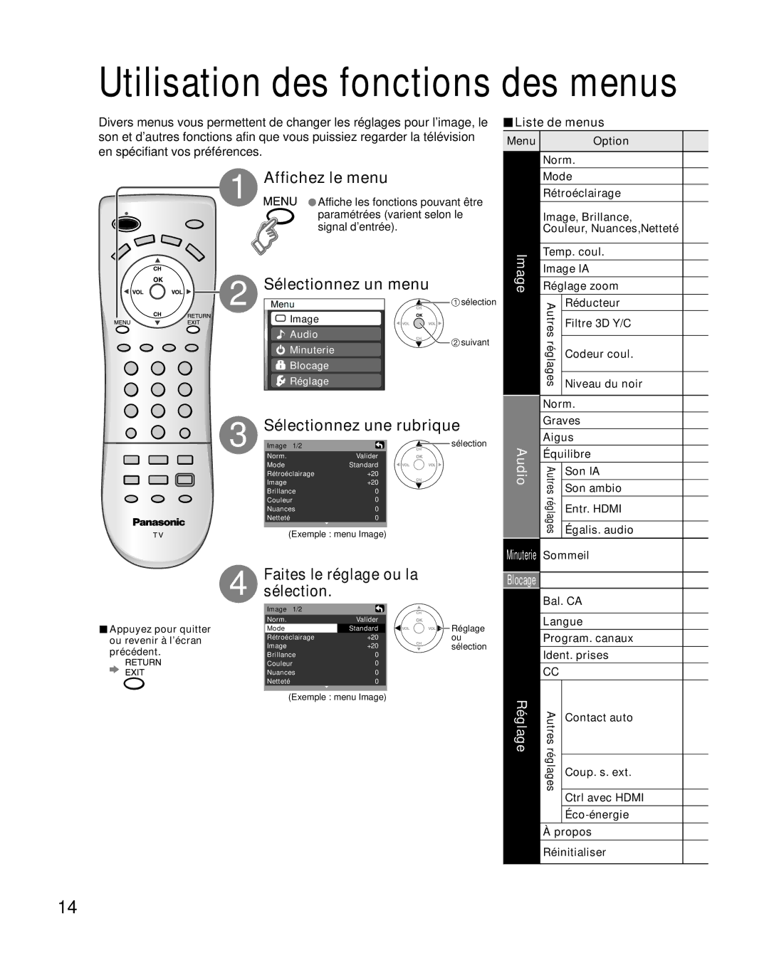 Panasonic TQB2AA0661 manual Sélectionnez Menu, Image, Réglage, Liste de menus 