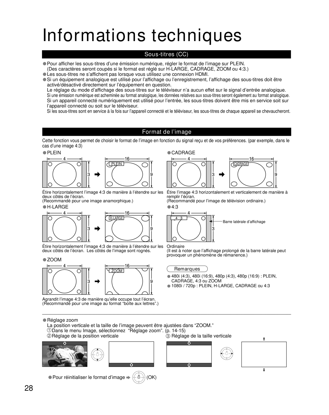 Panasonic TQB2AA0661 manual Informations techniques, Sous-titres CC, Format de l’image 