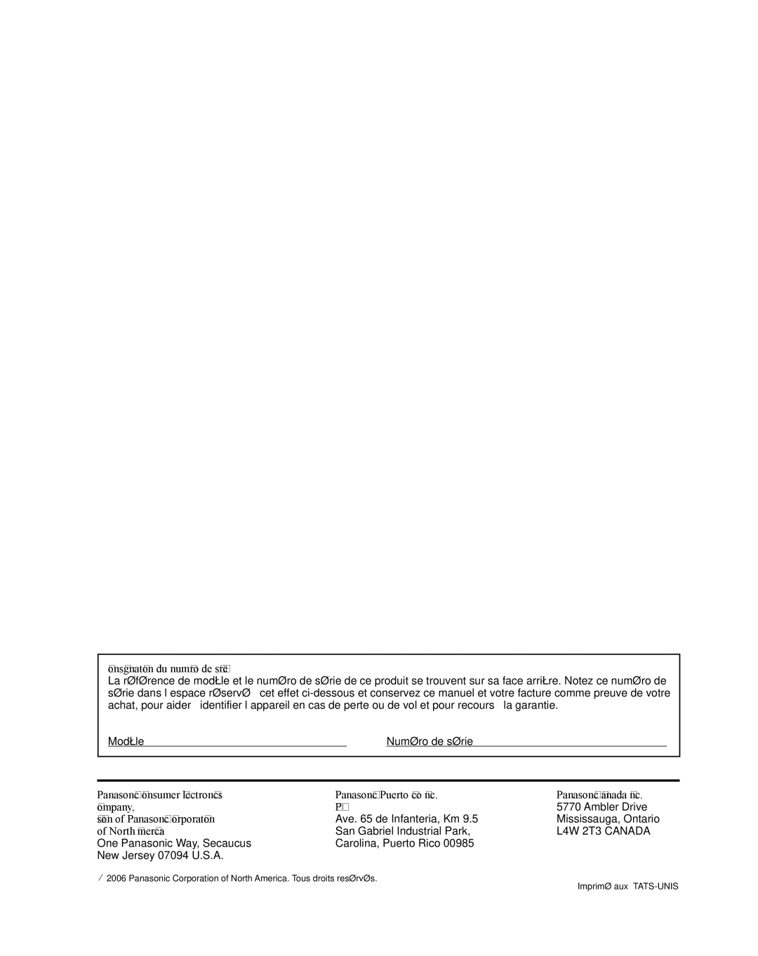 Panasonic TQB2AA0661 manual Consignation du numéro de série, Division of Panasonic Corporation 